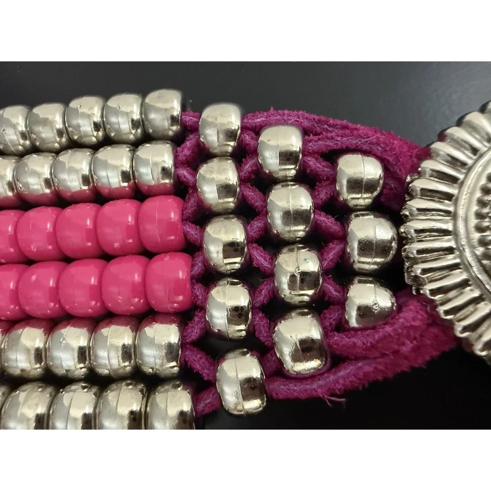 Vintage Charmant Belt Long tussles Pink, Bright Velvet With Metal Beads Western